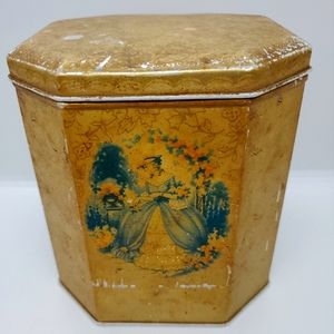 Antique Old English made Biscuit Tin Octagon Shape Victorian Print Era AS is